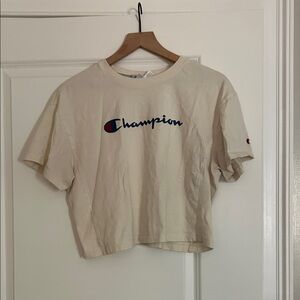 Champion Cream Cropped Logo Tee with Navy & Red Accent